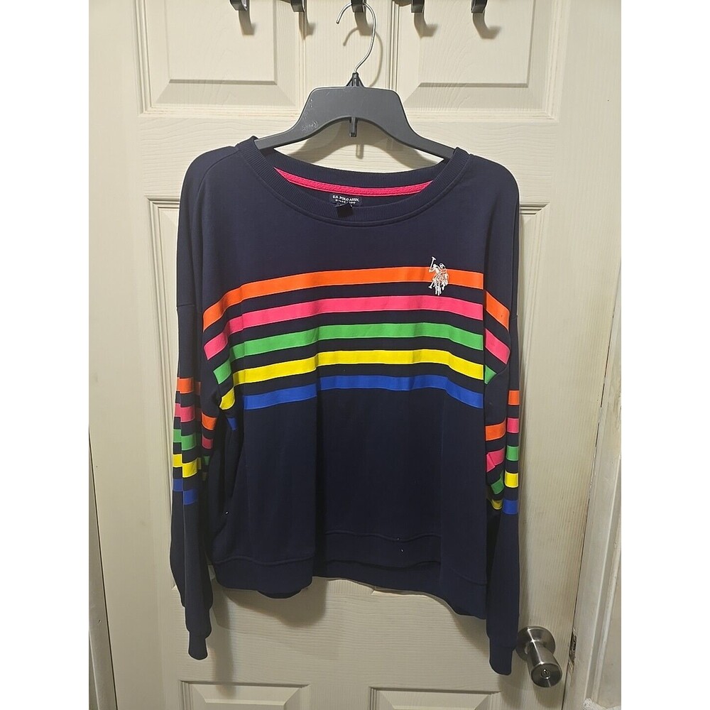 US Polo Assn Sweatshirt Womens XXL Navy Blue Rainbow Striped Accent Logo